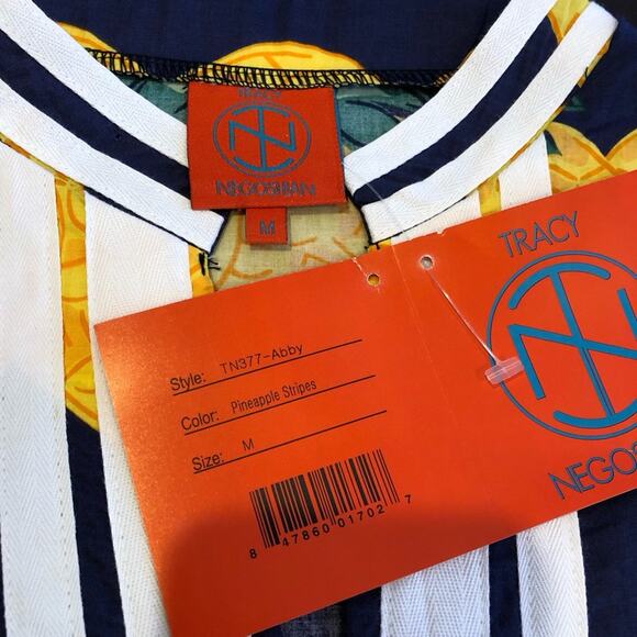 Tracy Negoshian Abby Pineapple Stripes navy yellow tunic top size Medium NWT - Picture 8 of 13